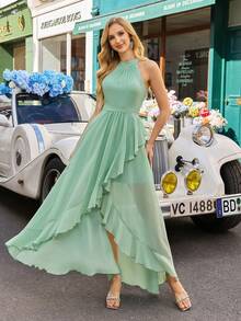Chiffon Backless Keyhole Bridesmaid Dress, Elegant Sleeveless Maxi Dress With Belt And Slit - Mint Green - View 4