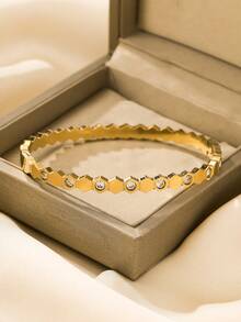 2pcs/Set Stainless Steel Bracelet & Ring Set, Elegant Geometric Design Metal Jewelry, Suitable For Daily Wear, Valentine's Gift, Party, Wedding - Gold - View 5