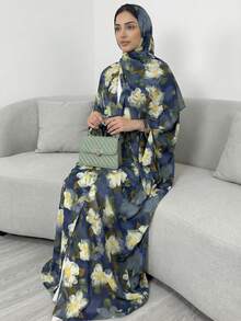 两件套，含头巾，优雅法式碎花开衫长袍，休闲百搭，适合聚会、派对、春季度假等场合。 - 藍色 - 查看 1