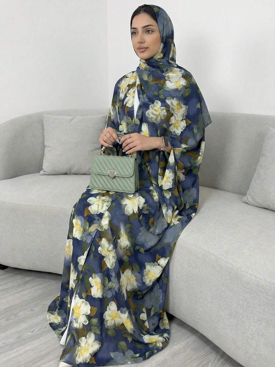 两件套，含头巾，优雅法式碎花开衫长袍，休闲百搭，适合聚会、派对、春季度假等场合。 - 藍色 - 查看 1