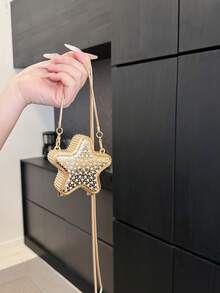 1个新款迷你金属小包，电镀银色零钱包，闪亮前卫金属五角星手提包，星形链条斜挎包，不对称手提包，配件包，优雅零钱包，耳机盒，婚礼 - 金色 - 查看 7