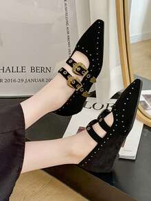 2026 New Black Versatile Color Block Pointed Toe Chunky Heel Pumps, Korean Version Metal Buckle Mid-Heel Mary Jane Shoes For Women - Black - View 7