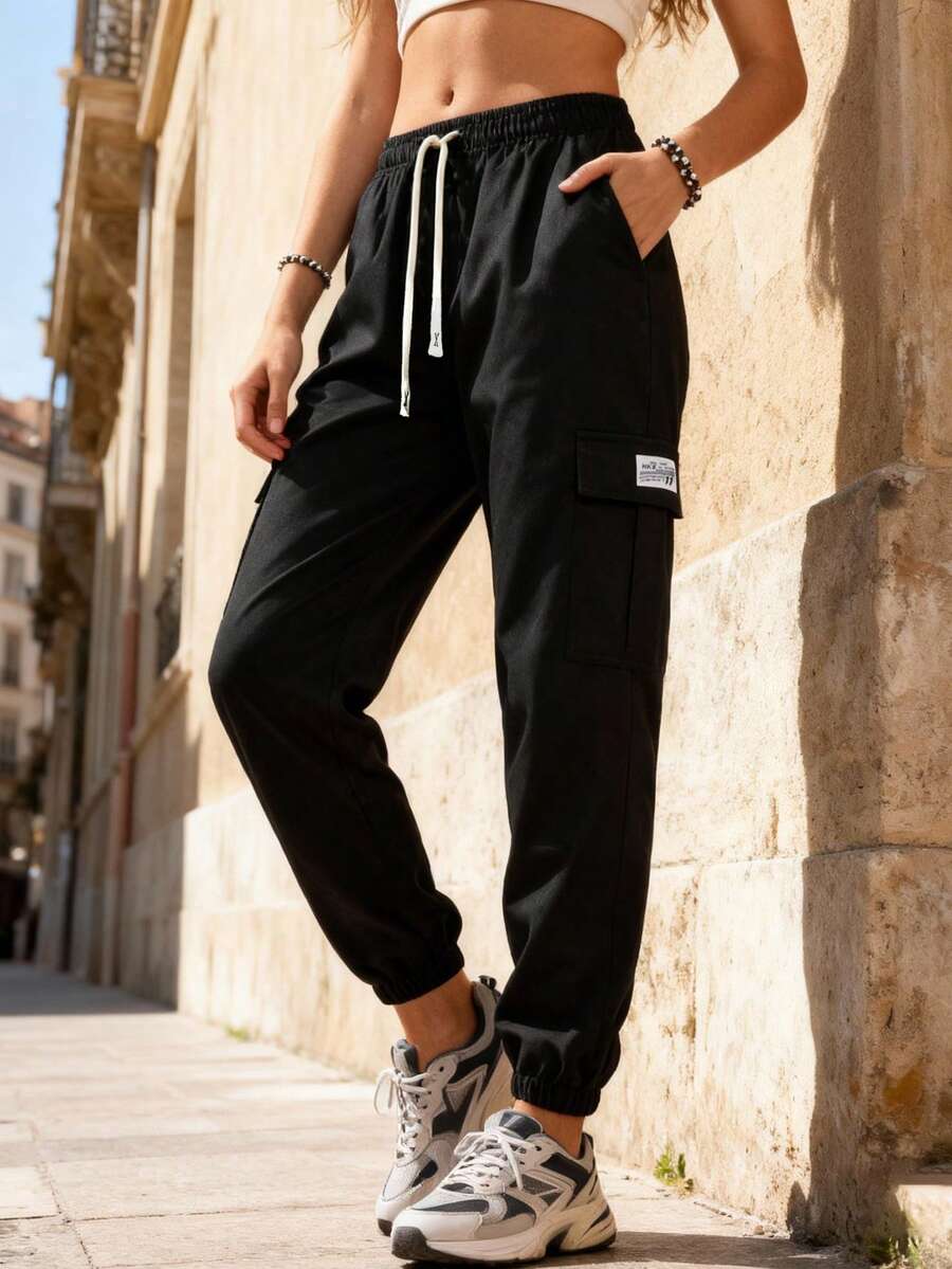 女士时尚实用多口袋工装裤，采用舒适弹力面料制成，适合日常穿着、工作、办公、旅行和户外活动。 - 黑色 - 查看 1