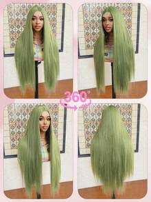 合成耐热4x2 U型蕾丝假发，无刘海，32英寸，超长直发，自然柔软，橄榄绿逼真假发，易于佩戴，合成纤维材质，耐热，自然逼真，适合女孩聚会、角色扮演和日常佩戴 - 橄欖綠 - 查看 7