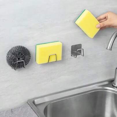 3/5 piezas Soporte de esponja de acero inoxidable, rejilla de drenaje del fregadero de cocina, ganchos adhesivos de pared para almacenamiento de esponjas, ganchos colgantes multifunción