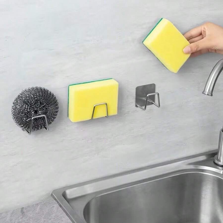 3/5 piezas Soporte de esponja de acero inoxidable, rejilla de drenaje del fregadero de cocina, ganchos adhesivos de pared para almacenamiento de esponjas, ganchos colgantes multifunción - Plateado - Ver 1