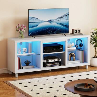 148 CM TV Unit, LED TV Stand Cabinet For 55/60 / 65 Inch TVs With RGB Lights, Open Adjustable Glass Shelf, TV Cabinets Gaming Entertainment Center Modern For Living Room Bedroom -By GeoTower