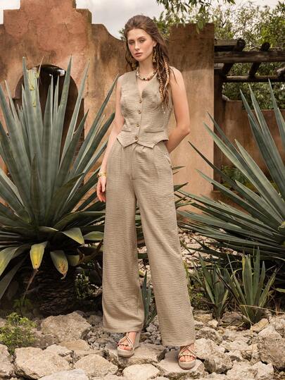 Faeriesty Elegant Women's 2-Piece Set: V-Neck Button Camisole Top Paired With High-Waisted Wide-Leg Pants, Flowy Bohemian-Style Jumpsuit, Soft Fabric, Adjustable Size - Perfect For Destination Wedding Guests, Bohemian Bride Photoshoot, Garden Ceremony, Romantic Getaway, Outdoor Formal Events
