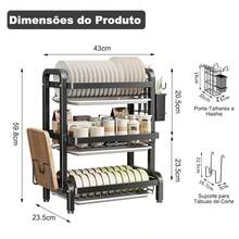 3 Camadas 43CM Organizador Multifuncional de Cozinha 1 Peça Preto 43cm - Suporte Palitos Tabua Corte Prato Drenagem Otimiza Espaço Balcão Presente Festivo - Preto - Visão 7