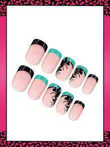 24pcs Short Square Spring Press On Nails, Black Butterfly Green French Tips Nail Nude Short Nails Full Cover Glossy False Nails Set, Include: 1pc Jelly Glue And 1pc Nail File, Easy To Wear Daily Fake Nails Manicure Nails Press On Art For Women And Girls Daily Life - Multicolor - View 3