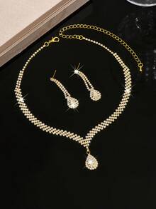 3pcs/Set Silver Metal Rhinestone Necklace, Earrings And Bracelet Jewelry Set, Bridal Wedding Accessories - 1769 Gold Earrings and Necklace Set - View 5