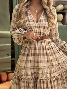 复古V领碎花长袖束腰喇叭连衣裙，乡村风格，适合春季郊游和节日穿着 - 彩色 - 查看 5