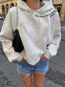 坚强勇敢图案卫衣，耶稣图案卫衣，卫衣，2026秋季新款女士休闲落肩长袖卫衣 - 淺灰色 - 查看 3