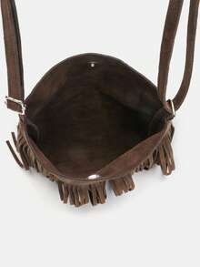 1 chiếc túi xách nữ cỡ trung bình kiểu retro bằng da lộn đơn sắc có tua rua, kiểu phương Tây phong cách Hồng Kông, đeo chéo một bên vai, đa chức năng, cá tính, tối giản, phong cách thường ngày, phù hợp cho đi làm, du lịch, mua sắm, dạo phố thường ngày dành cho phụ nữ sành điệu và sinh viên đại học. - Cà phê - Xem 8