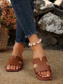 1 Pair Vacation Style Color Block Slip-On Sandals, Women's Flat Square Toe Beach Slides, Linen Pattern Flip Flops, Versatile For Summer - Brown - View 6