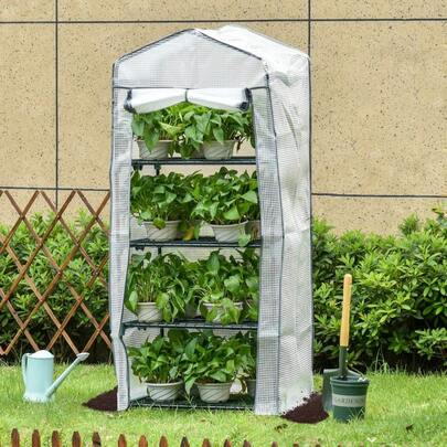 4-Tier Mini Portable Greenhouse - Outsunny Compact Plant Grow Shed On Wheels, Metal Frame & PE Cover For Balcony, Patio (160x70x50cm)