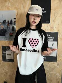 Summer New Z-Gen Y2K Women Top Polka Dot Heart Print Round Neck Contrast Raglan Short Sleeve T-Shirt - Black and White - View 1