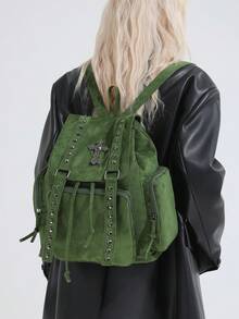 Y2K Streetwear Studded Flap Backpack For Women; Multifunctional Fashion Drawstring Shoulder Bag; Multi-Pocket Lightweight Travel Bag; Large Capacity Minimalist Student Backpack; Portable Backpack Suitable For Students, Nurses, Teachers, Business Professionals, Travel, Commuting, Shopping, Office, Dating, Hiking, Training, Work, Birthday Gift, Holiday Gift - Multicolor - View 11