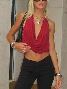 Womens Studded Halter Tank Tops Cowl Neck Draped Front Backless Slim Fit Vest Crop Tops Summer Sleeveless Open Back Camisole Shirts Party Club Going Out Tops - 紅色 - 查看 7