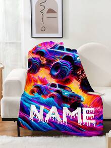 1pc Customized Monster Truck Blanket - Vivid Painting Design, Lightweight And Soft Polyester, Customized Bedding, Suitable For Sofa, Chair, Travel, Camping, Living Room Or Office - Warm All Year Round, Office Chair Cover | Vivid Parabola | Customizable Text, Travel Blanket - Style 1 - View 4
