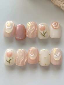 10片柔美少女粉色中号方形美甲贴纸，甜美郁金香手绘图案，仿珍珠光泽，金色铆钉装饰，梦幻虹彩设计，浪漫精致美甲，在家即可享受沙龙级美甲体验，适合日常、约会、派对、下午茶等场合，春夏必备，时尚女孩和女士的完美礼物。 - 淺粉色 - 查看 2