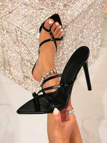 Sandalias de tacón alto de punta abierta y tanga sexy para mujer - Negro - Ver 1