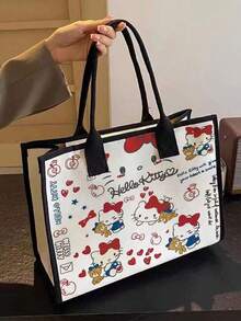 SANRIO 高品質卡通小貓單肩包，大容量學生帆布托特包，通勤手提包，女性必備戶外收納包 - 彩色 - 查看 6