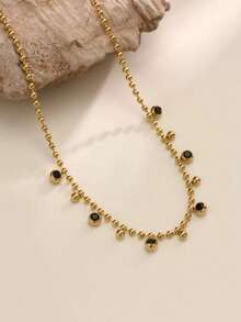 1pc Fashionable Cubic Zirconia Pendant Necklace, Elegant Stainless Steel Bead Pendant Choker Necklace, Suitable For Women's Daily Or Party Wear, Sexy Collarbone Chain Accessory - Gold - View 3