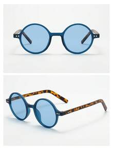 1 pieza Gafas de mujer con montura redonda retro de material de PC, súper ligeras y delgadas, estilo universitario de alta calidad y de moda, adecuadas para viajes, ocio y uso diario - Marco azul, pieza azul - Ver 4