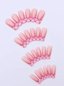 24片情人节闪亮法式美甲贴纸，长方形，全覆盖，优雅芭蕾弧度，心形设计，亮面亚克力假指甲，装饰礼品，适合女性美甲用品 - 彩色 - 查看 3