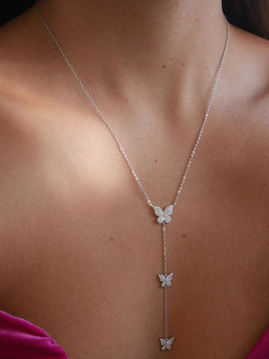 1pc Fashionable Rhinestone Butterfly Necklace, Minimalist Sexy Long Clavicle Chain Jewelry For Women