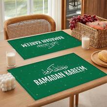 1pc/4pcs/6pcs Arabic Calligraphy & Plaid Pattern Linen Placemats, Ramadan Blessings, Ramadan Gifts, Ramadan Decor, Islamic Holiday Decoration, Suitable For Dining Table, All Seasons, Washable, Home Decor, Table Mats, Coasters, Kitchen Dining Mats, Indoor Outdoor Party Decoration, Ideal Gift - Multicolor - View 6