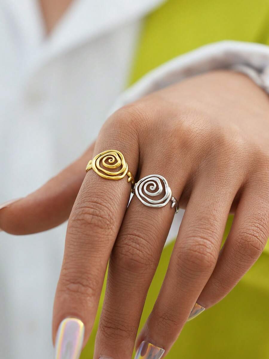Frminee 2枚/1枚 厚款螺旋戒指 女士不锈钢个性戒指饰品，螺旋戒指 防水 醒目戒指 - 彩色 - 查看 1
