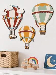 3件套手绘木制热气球墙饰，儿童房装饰，创意热气球墙饰，适用于卧室、客厅 - 彩色 - 查看 3