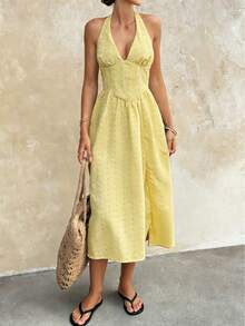 Vestido Elegante Amarelo Verão Férias na Praia Casual Festa Férias Sexy Decote V Profundo Halter Ajustado Longo Vestido da PoPoHouse - Amarelo - Visão 8
