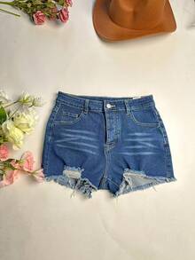 Quần short denim rách cho nữ có túi, cạp chun, trang phục dạo phố thường ngày cho mùa xuân và mùa hè - Rửa trung bình - Xem 6