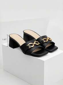 Athlefit Women's Raffia Heeled Sandals Square Open Toe Slip On Mules Chunky Block Heels With Metal Chain For Summer Vacation - 黑色 - 查看 3