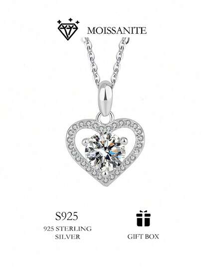 优雅心形1克拉莫桑石S925项链，爱心吊坠，百搭婚纱及日常服饰