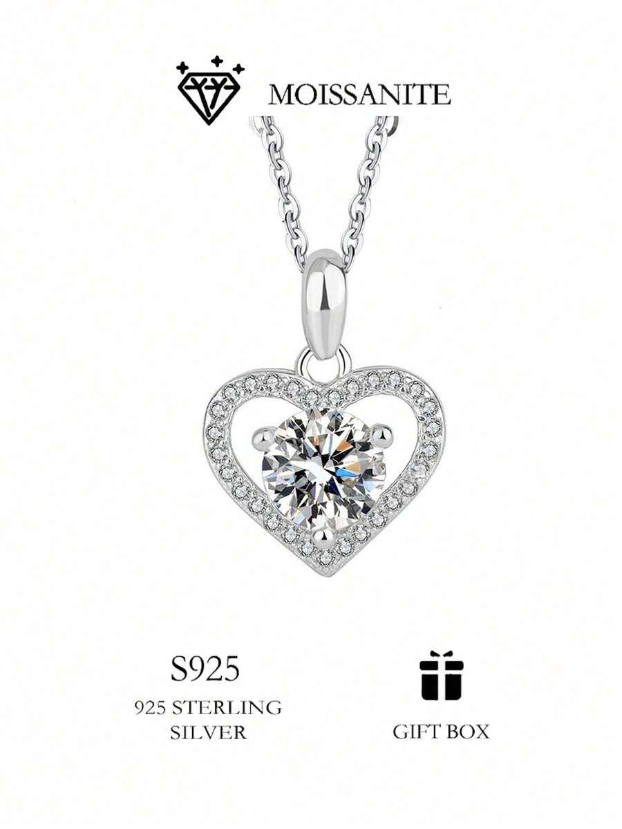 Elegant Heart Shape 1CT Moissanite S925 Necklace, Love Pendant Versatile For Wedding Dress & Everyday Outfits - White - View 1