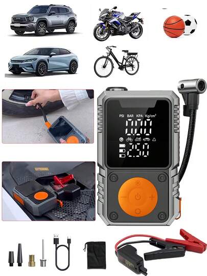 SUITU 便携式汽车应急启动器，带空气压缩机、12V汽车电瓶增压器、14.8V 1500mAh 150PSI轮胎充气泵、智能启动线、LED手电筒、液晶显示屏和胎压计，汽车配件/汽车必备品/礼品