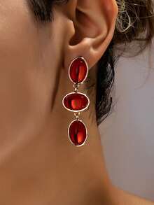 1 Pair Fashionable Faux Gemstone Encrusted Oval Stud Earrings, Suitable For Women's Party, Gathering, Daily Wear, Versatile Gift - Red - View 7