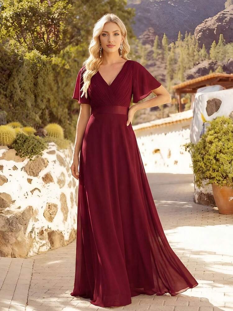 EVERPRETTY Elegant V-Neck Ruffle Butterfly Sleeve Burgundy Bridesmaid Dress, Wedding Guest Dress For Spring Semi-Formal Occasions, Mother Of The Bride Dress For Wedding, Birthday Party, Graduation, Valentine's Day