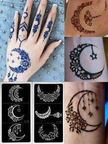2pcs Moon Temporary Tattoo Stencils Sets, Fashion Mandala Moon Design Henna Tattoo Stencil Stickers, Reusable Body Art Templates For Body Makeup,3 Layers - Black - View 2