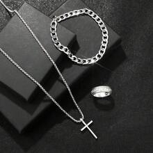 Three-Piece Men's Necklace Set With A Cross Pendant, Ring, And Bracelet. Ideal Father's Day Gift. Stylish Jewelry For Everyday Wear. - 銀色 - 查看 5