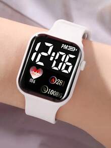 6pcs Minimalist LED Square Digital Watch & Silver Heart Pendant Necklace Earrings Ring Jewelry Set, Suitable For Daily Wear, Party, Campus, Valentine's Day Gift - White - View 5