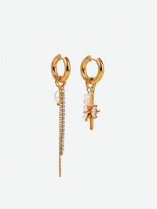 Opalesca 2 chiếc khuyên tai hình ngôi sao bát giác bằng thép không gỉ đính ngọc trai giả không đối xứng và đá zirconia độc đáo sáng tạo dành cho phụ nữ, phong cách Châu Âu và Châu Mỹ - bông tai - Xem 4