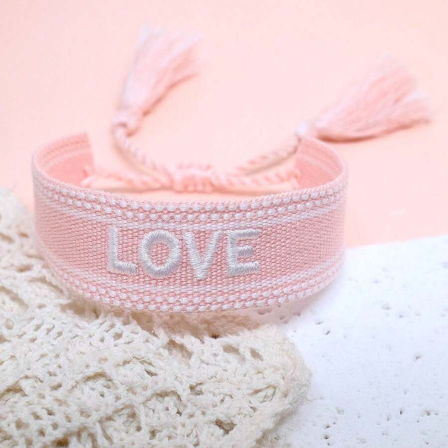1pc Handmade Embroidered Love Letter Boho Tassel Braided Bracelet - Baby Pink - View 1