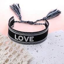 1pc Handmade Embroidered Love Letter Boho Tassel Braided Bracelet - Black - View 5