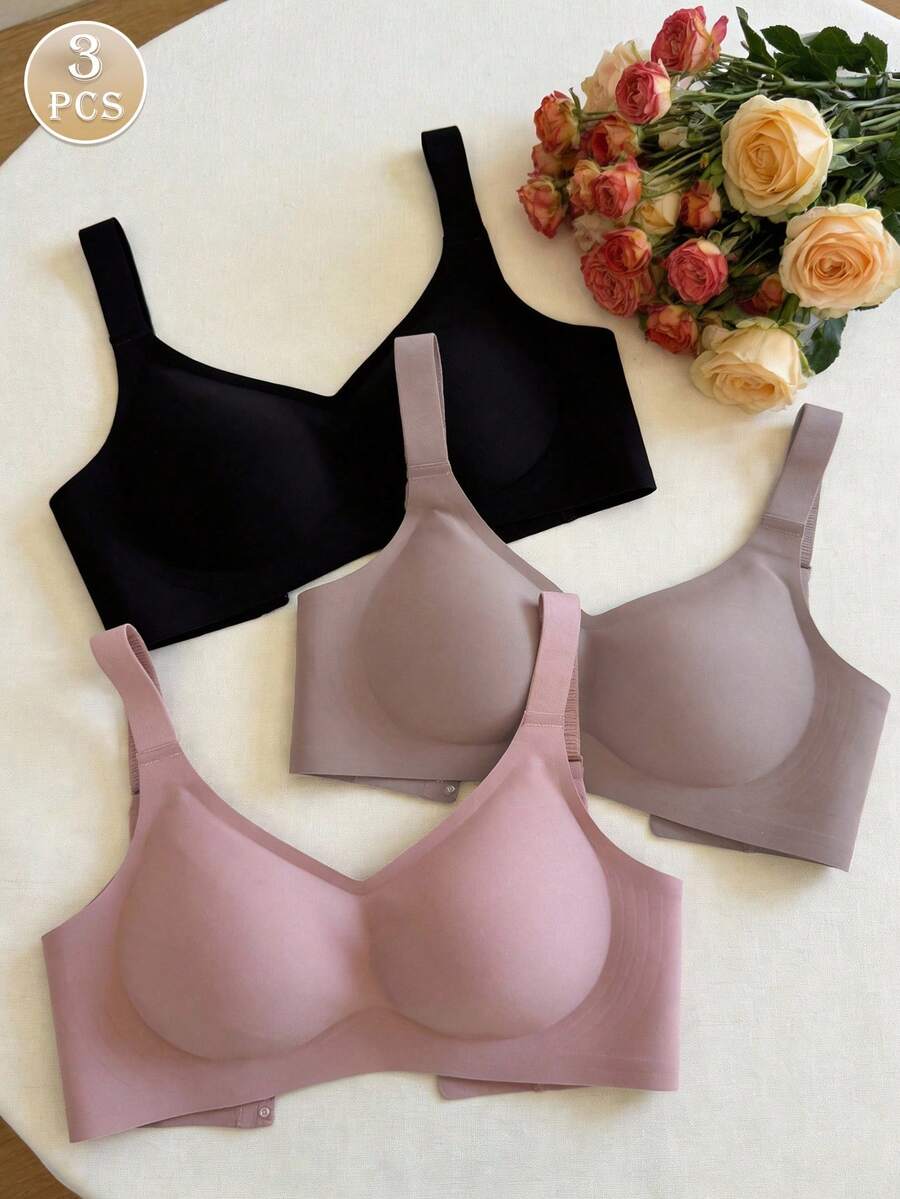 3pcs Simple & Comfortable Sports Bras For Women, Wireless, Solid Color - Multicolor - View 1
