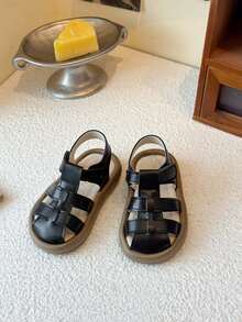 1双夏季新款儿童露趾凉鞋，男女童软底防滑编织罗马鞋，百搭时尚幼儿平底鞋 - 黑色 - 查看 4